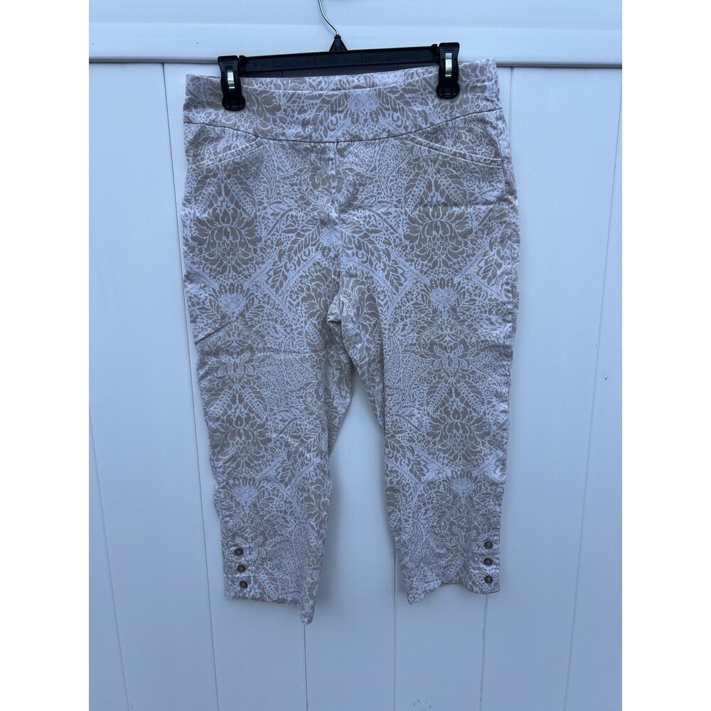 So Slimming By Chicos Pants Womens 1 Crop Beige White Floral Pull-On Flat Front
